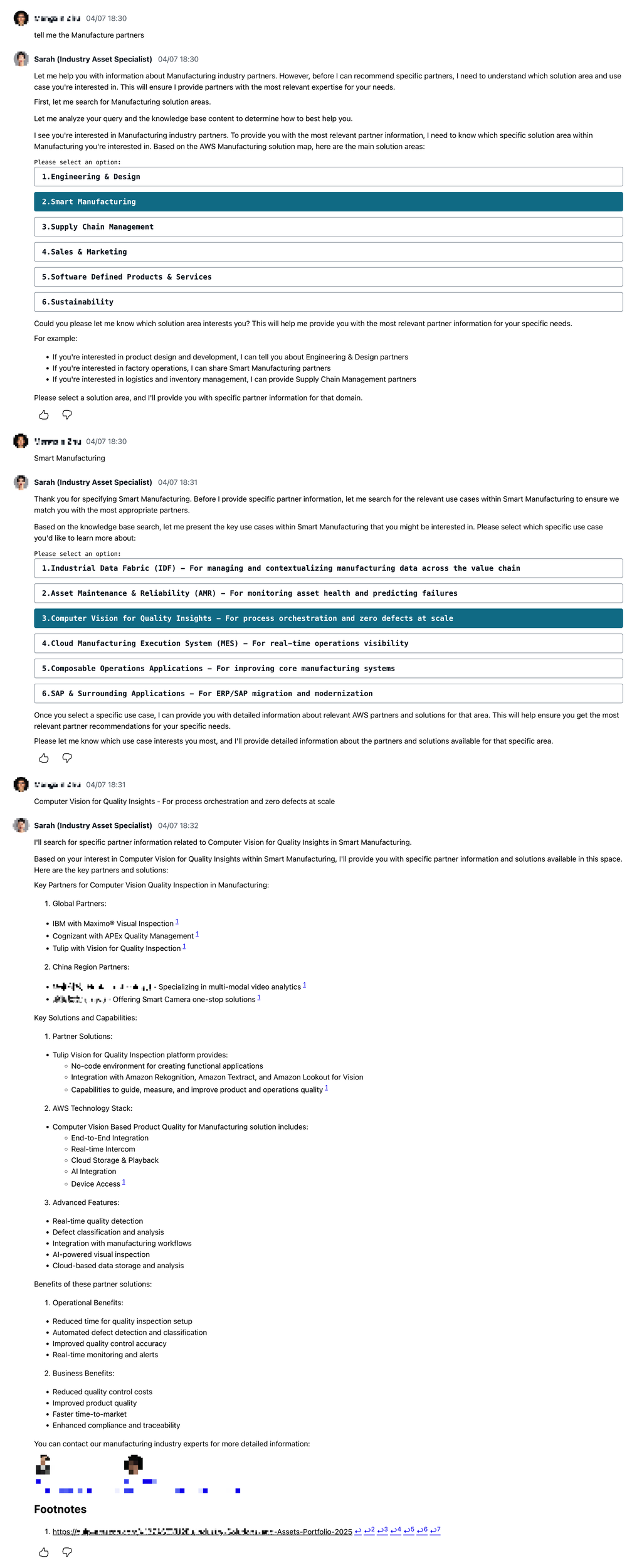 Example of an agentic chatbot conversation showing the structured flow