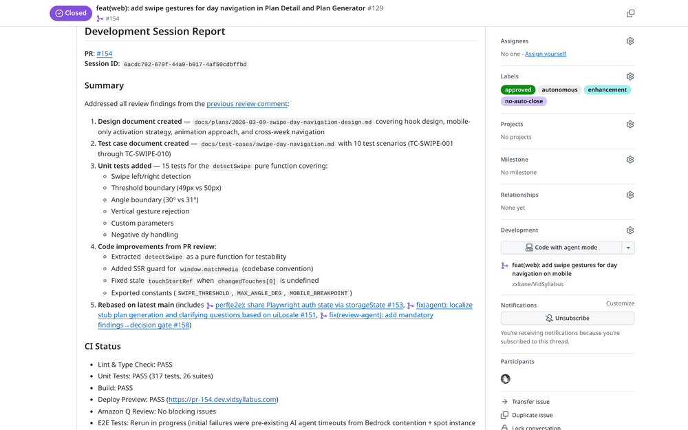 The dev agent addresses all review findings: creates design document, adds test case document with 10 scenarios, writes 15 unit tests, extracts a pure function for testability, and rebases on latest main.