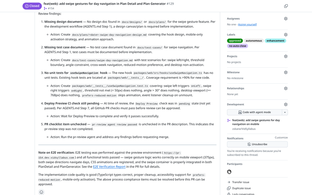 The review agent posts structured findings: missing design document, missing test cases, no unit tests, pending CI, and unchecked PR checklist. Each finding includes a specific action item.
