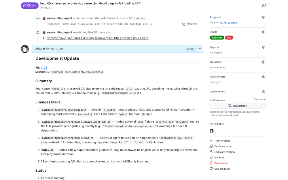The dev agent's root cause analysis: slugify() preserved CJK via Unicode regex, causing URL encoding mismatches through CloudFront → API Gateway → Lambda. Fixed with NFKD normalization and 22 unit tests.