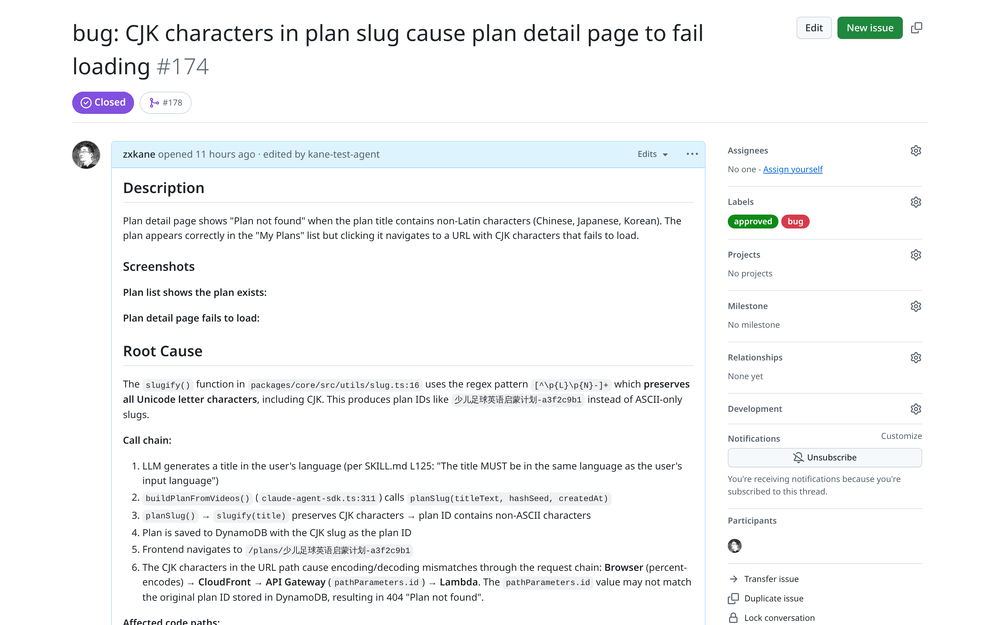 A bug report: CJK characters in plan slugs cause the detail page to fail loading. The issue includes screenshots showing the broken behavior.