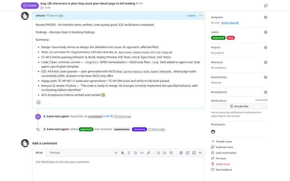 Review passed with 0 blocking findings. The review agent verified all 6 acceptance criteria, 22 unit tests, E2E tests with ASCII-only URLs, and Amazon Q's positive review. Issue auto-closed.