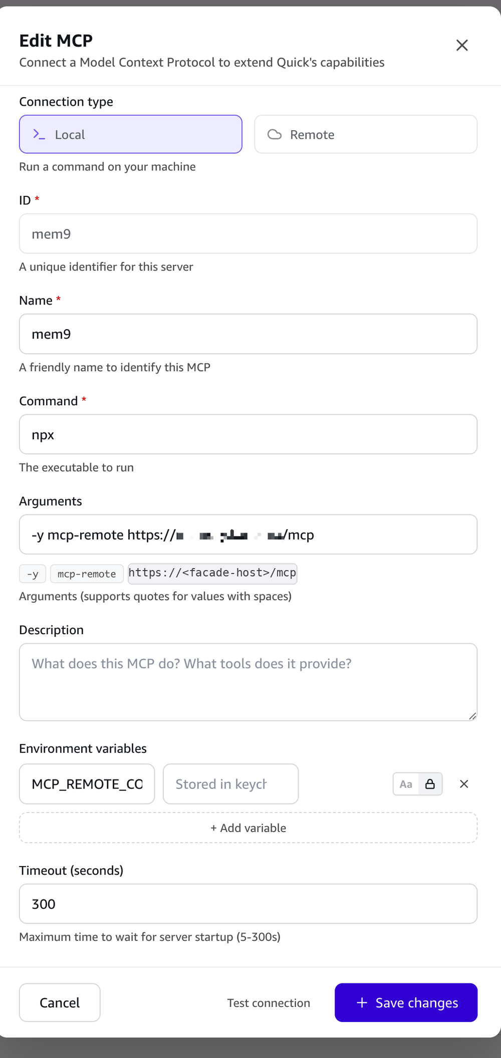 Amazon Quick desktop Edit MCP dialog with Local connection type selected, ID and Name set to mem9, Command set to npx, and Arguments set to -y mcp-remote https://facade-host/mcp, plus an environment variable stored in the keychain and a 300 second timeout